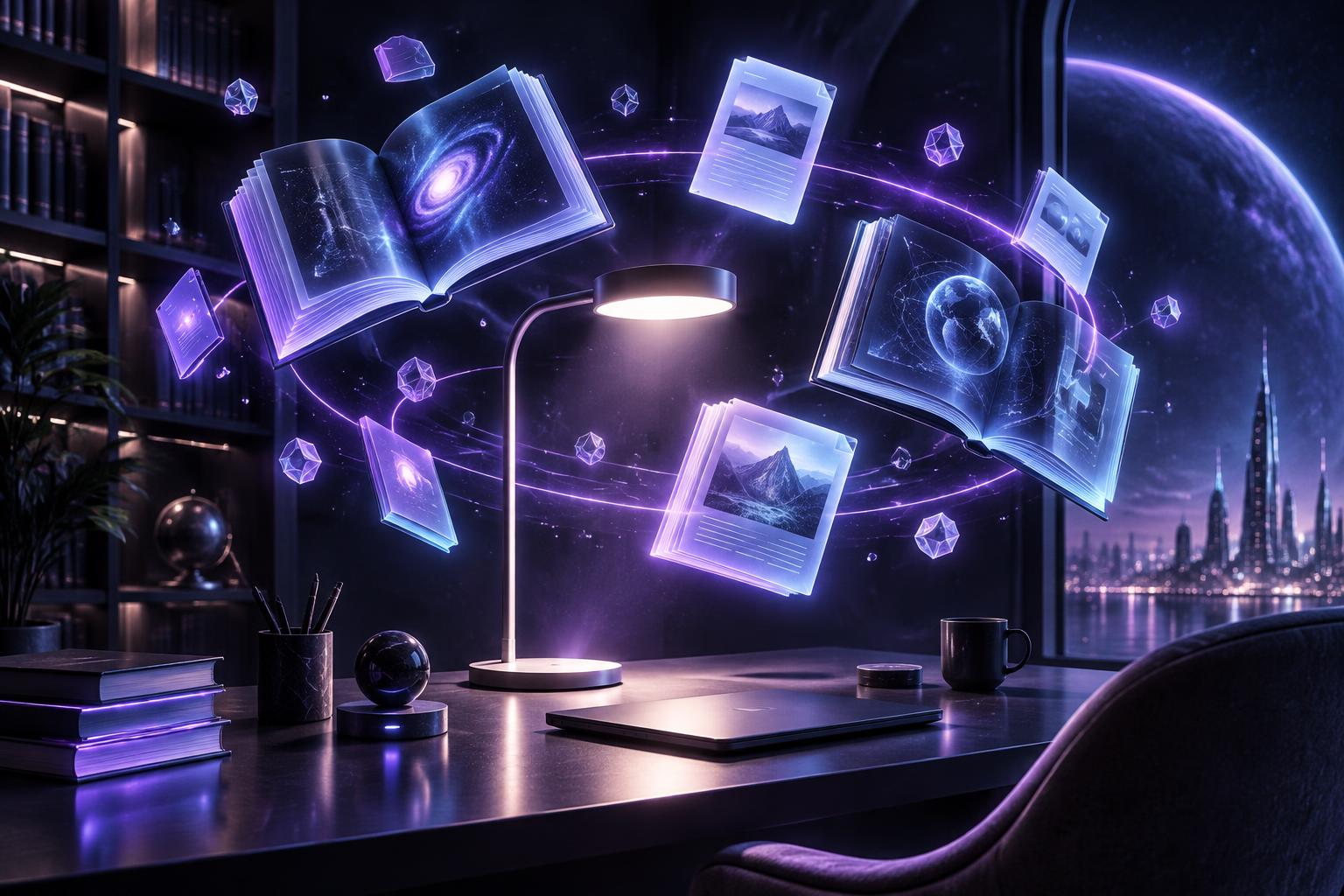 Glowing digital books orbiting a study desk